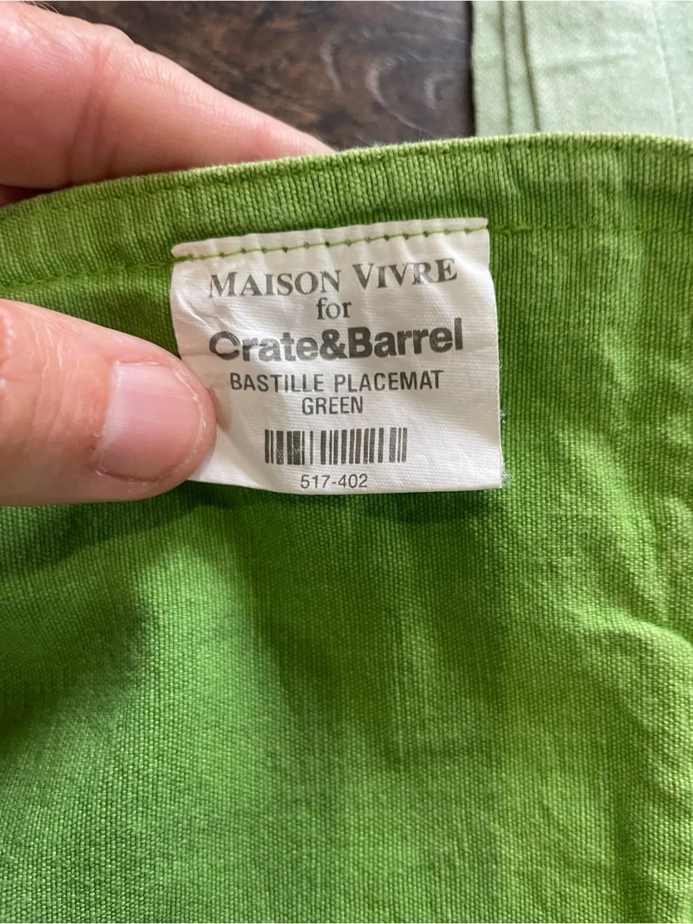 Crate&Barrel Mason Vivre 4 piece Green Cotton Placemat & Napkin Set for 2